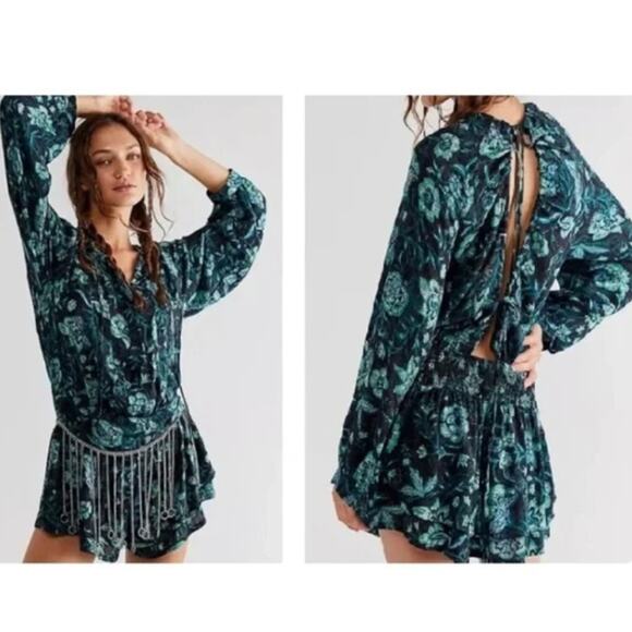 Free People Dance Til' Dawn Green Black Floral Romper Size Small - Picture 1 of 7
